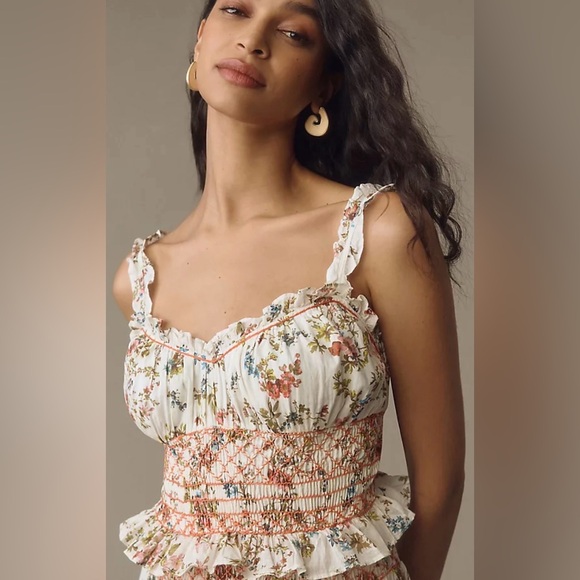 Anthropologie Sleeveless Smocked-Waist Ruffled Midi Dress small cottagecore - Picture 2 of 6